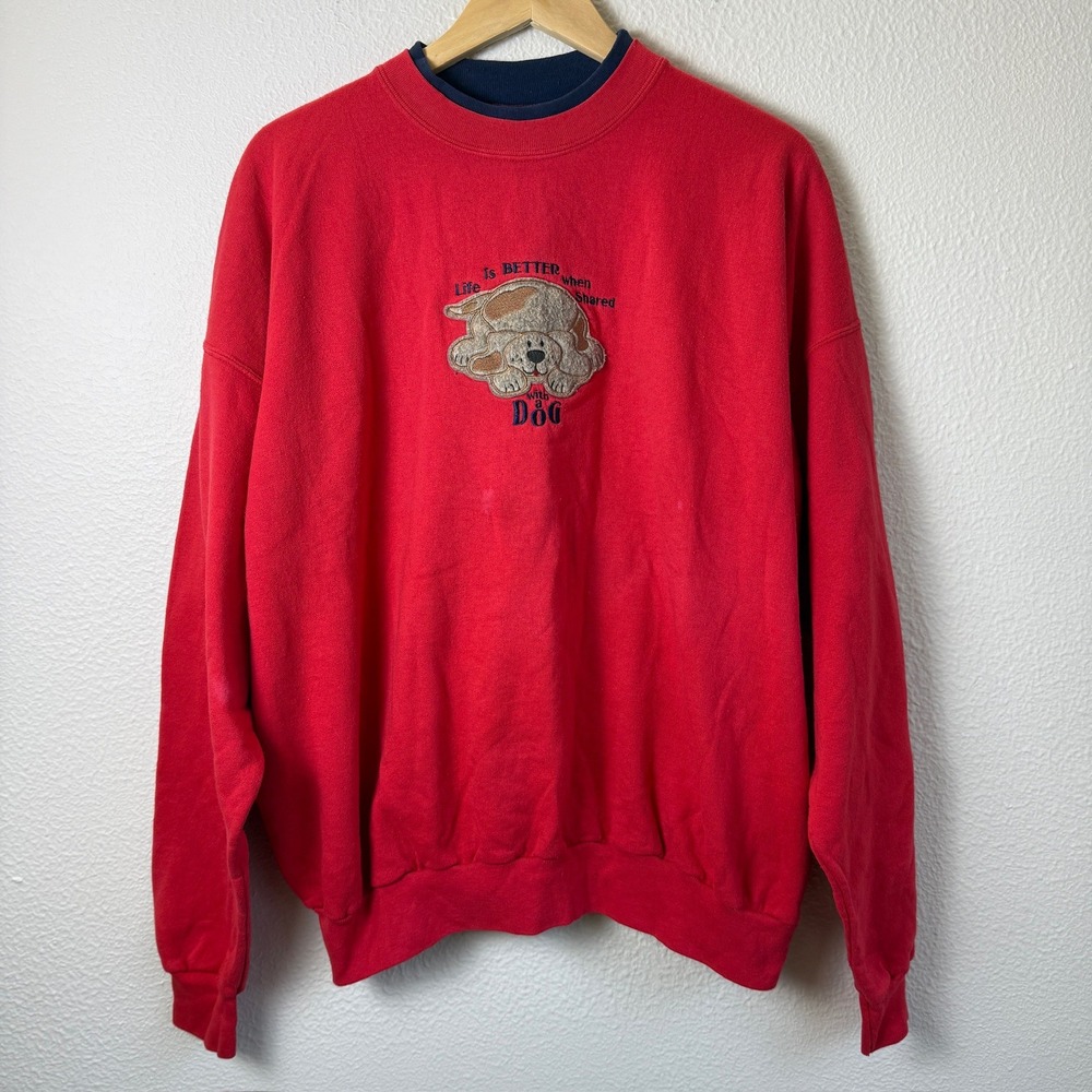 Vintage 90s MC Energy Sportswear Sweatshirt XL Red Good Vintage Dog Embroidery